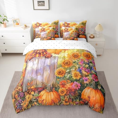 Erosebridal Rustic Fall Bedding Set King 7 Piece Farmhouse Scarecrow Bed in A Bag Country Pastoral Sunflower Pumpkin Comforter Set for Kids Adults Watercolor Autumn Sheet Set with Comforter - Image 2