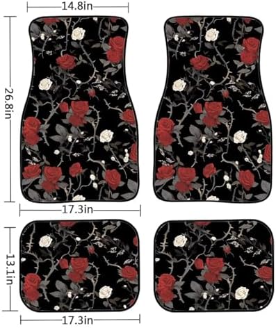 Rose Floor Mats for Cars All Weather, Vintage Red White Rose 4-Piece Carpet Vehicle Floor Mats Universal Fit, Baroque Garden Anti-Slip1st & 2nd Row Auto Interior Mat