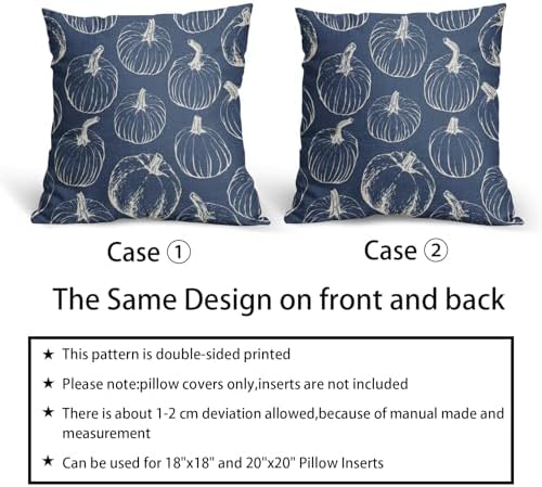 Blue Fall Pumpkin Pillow Covers 20x20 Set of 2 Autumn Themed Thanksgiving Cream Print Decorative Throw Pillows Outdoor Pillowcase Farmhouse Linen Cushion Case Decor for Home Sofa Couch Bed - Image 6