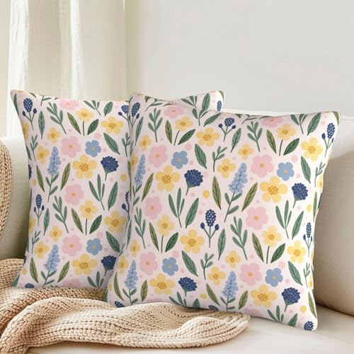 KiuLoam Spring Cute Watercolor Floral Pillow Covers 22x22 Inch Set of 2, Yellow Pink Blue Rustic Farmhouse Decorative Throw Pillows, Outdoor Square Cushion Cases for Sofa Couch Bed Home Decor - Image 2