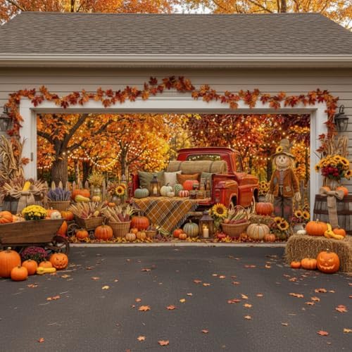 Fall Garage Door Cover 8x7ft Red Truck Pumpkin Scarecrow Harvest Decor - Image 6