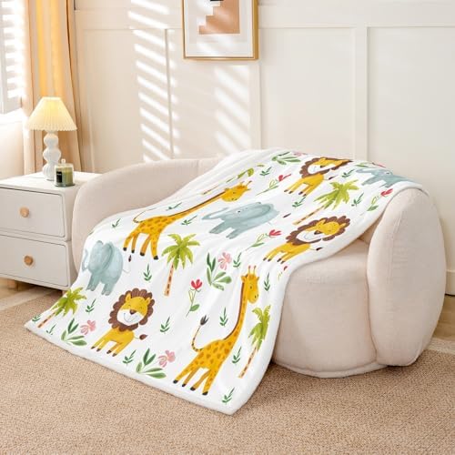 Cartoon Lion Giraffe Throw Blanket Cute Zoo Animals Fleece Flannel Blankets Kids Boys Girls Room Decor Lovely Elephants Trees Bed Blankets for Bed Sofa Couch White Orange Plush Blanket Throw 50"x60" - Image 5