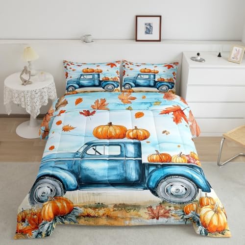 Erosebridal Pumpkin Comforter Set Cartoon Car Bedding Comforter Sets Blue Pumpkin Bedding for Toddler Youth, Boys Autumn Leaf Duvet Insert 3Pcs Fall Decor - Queen, 1 Comforter with 2 Pillowcases - Image 2