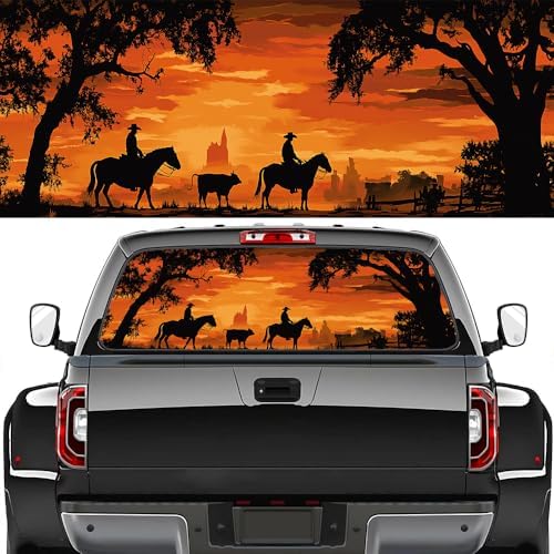 Watercolor Cowboy Truck Back Window Graphics Decals, Horse Abstract Sunset Landscape Universal See Through Rear Window Vinyl Wrap Full Window Decals for Trucks SUV 66 x 22 inch
