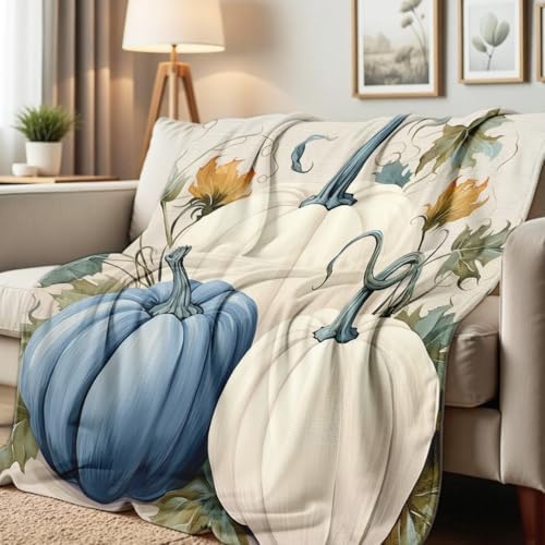 Fall Blankets and Throws White Pumpkin Print Blanket for Couch Bed Room Home Autumn Harvest Flannel Throw Thanksgiving Decor Gifts (49"x59") by Hunxiaoj