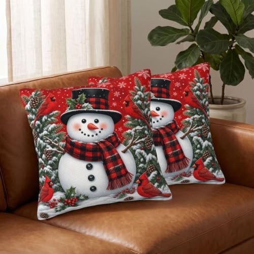 Red Christmas Snowman Pillow Covers 20x20 Set of 2 Winter Holiday Decor - Image 3