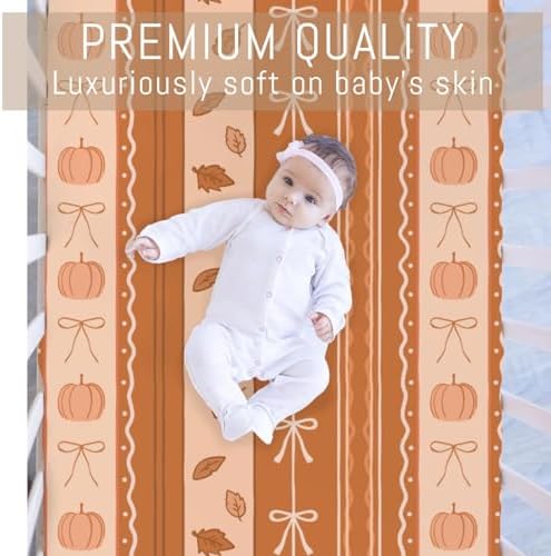 Orange Pumpkins Bows Stripes Baby Crib Sheets for Boy Girl Fall Autumn Leaves Soft Snug Fitted Crib Mattress Covers for 52''x28'' Standard Crib & Toddler Mattress Thanksgiving Harvest Baby Bed Sheets - Image 2