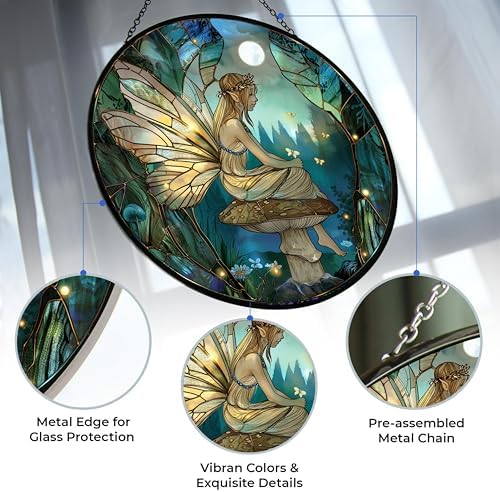 Fairy Mushroom Stained Glass Window Hanging, 9.8’’Sun Catcher Glass Panel Boho Wall Art Decor with Chain, Hand Painted Round Glass Gifts for Couples, Housewarming Gift - Image 2