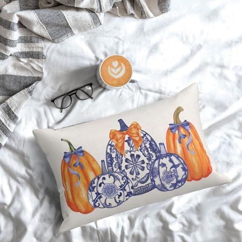 Fall Chinoiserie Pillow Covers 12x20 Set of 2 Blue and Orange Pumpkin Throw Pillows Grandmillennial Autumn Thanksgiving Decoration Pillowcase Outdoor Lumbar Cushion Case for Couch Home Decor - Image 5