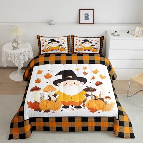 Erosebridal Cute Gnome Kids Bedding | Fall Twin Comforter Sets,Farmhouse Plaid Buffalo Grid Comforter Thanksgiving Autumn Leaves Duvet Insert with 1 Pillow Case - Image 2