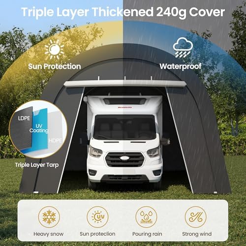 12X25FT Heavy Duty Carport, Portable Garage with 2 Roll Up Doors Vents and Metal Round Roof, Outdoor Storage shed Car Port Canopy Tent for Garden Tools, Vehicle Truck Boat, Party, Dark Gray - Image 4