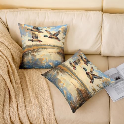 Mallard Duck Double Sides Print Pillow Covers,Rustic Cabin Farmhouse Lake Animal Throw Pillow Case Covers,Hunting Fishing Wild Bird Natural 2 Pack Cushion Covers,16"x16" - Image 2