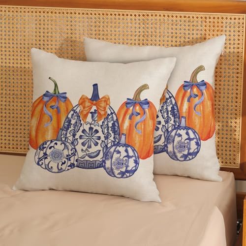 Fall Pillow Covers 20x20 Set of 2 Chinoiserie Blue and Orange Pumpkin Throw Pillows Grandmillennial Autumn Thanksgiving Decoration Pillowcase Outdoor Fall Decor Cushion Case for Couch Home - Image 3