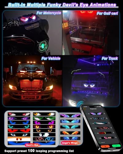 Super RGB LED Devil Eye Lights for Windshield 15"x4" [Advanced Chip, 100% Synced Dual Screen] Dynamic Flexible Programmable Custom LED Eyes Display for Car Motorcycle Window with Remote & APP Control