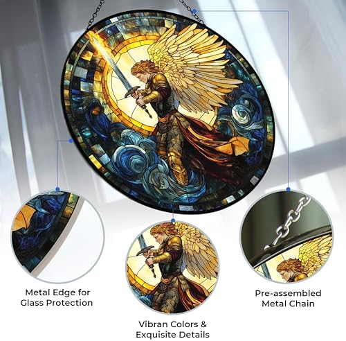 Boho St. Michael The Archangel Stained Glass Window Hanging, Colorful Boho St. Michael The Archangel Sun Catchers Glass Panel Suncatcher Decor for Birthday for Women, Men, Wife, Aunt, Mom - Image 3