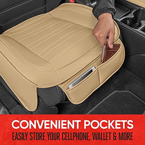 Motor Trend Beige Faux Leather Car Seat Cover for Front Seats, 1-Piece Padded Seat Protector with Storage Pockets, Premium Interior Cover for Cars Truck SUV Auto