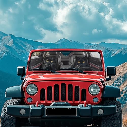 Renewold Funny Black Cat Driving Automotive Windshield Sun Shade for Jeep Wrangler JK JKU JL JLU 1997-2023 Gladiator JT Sun Shield Cover Keep Cool Window Shades Car Sun Visor Front Windshield Sunshade