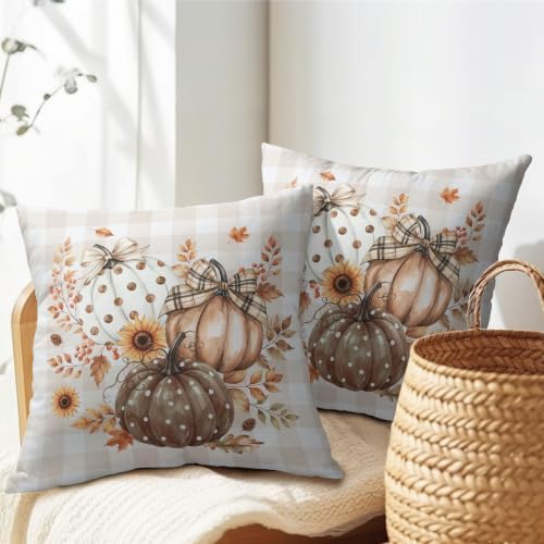 Fall Thanksgiving Pillow Covers 20x20 Set of 2 Autumn Pumpkin Maple Leaves Dot Floral Outdoor Throw Pillows Covers Orange Cream Plaid Bow Decorative Farmhouse Cushion Case for Living Room Couch Sofa - Image 7
