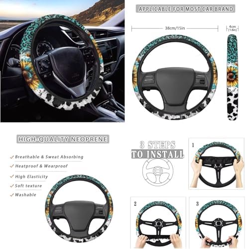 Leopard Auto Seat Covers Full Set 12pcs Leopard Car Accessory Universal Fit Car Seatbelt Pads Steering Wheel Cover Armrest Keychain Coaster,Green White Cheetah Sunflower Car Interior Sets