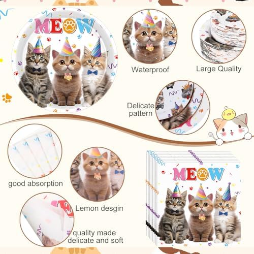 Funnymoom 452 Pcs Cat Birthday Party Decorations for 50 Guests, Cat Paper Plates Napkins Cups Tablecloth Cutlery Straws Disposable Tableware Set for Kitten Lover Birthday Party Supplies - Image 3