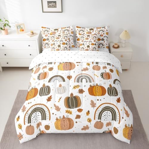 Erosebridal Kids Pumpkin Bedding Set Queen Fall Botanical Pumpkin Bed in A Bag 7 Piece Cartoon Boho Rainbow Comforter Set for Girls Boys,Cute Autumn Rainbow Pumpkins Sheet Set with Comforter - Image 2