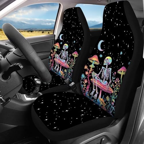 Skull Colorful Mushroom Car Seat Covers 4Pcs Front & Rear Breathable Seat Covers Universal Fits for Truck, Sedan, SUV Auto Interior Protector Car Accessories Halloween Decor