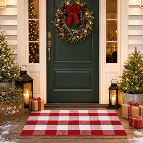 Christmas Red and White Plaid Rug 24 x 36 Inches, Cotton Hand-Woven Buffalo Check Door Mat, Washable Layered Entryway Rug for Front Porch, Kitchen and Holiday Decor by Homydecor