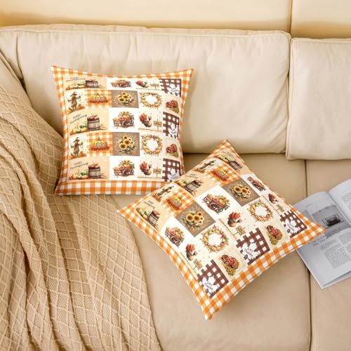 Manfei Fall Thanksgiving Day Double Sides Print Pillow Covers,Autumn Harvest Pumpkin Sunflower Turkey Throw Pillow Case Covers,Retro Orange Yellow Plaids Patchwork 2 Pack Cushion Covers,16"x16" - Image 2