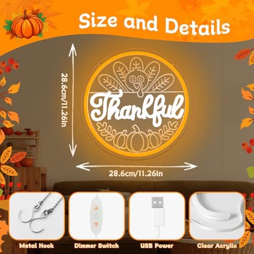Thanksgiving Neon Signs for Wall Decor Thankful Led Sign Dimmable 3D Engraving Turkey Pumpkin Neon Lights Give Thanks Window Lights Harvest Party Decorations - Image 2