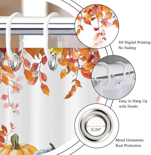 Fall Pumpkin Shower Curtain, Colorful Watercolor Autumn Pumpkins Maple Leaves on The Top Thanksgiving Day Harvest Bathroom Curtain Waterproof Fabric Machine Washable with Hooks, 72" Wx84 L - Image 6