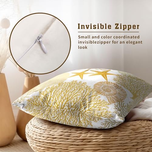 Summer Ocean Themed Nautical Coastal Throw Pillow Covers 18X18 Inches Set of 2 Yellow Seashell Starfish Coral Pillowcase Soft Cotton Square Cushion Covers for Home Sofa Patio Bedroom Decoration - Image 4