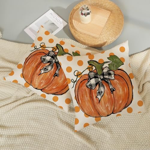 Fall Pillow Covers 18x18 Set of 2 Orange Pumpkin Leaf and Polka Dot Fall Decor Pillowcase Autumn Thanksgiving Decorative Outdoor Throw Pillow Covers Linen Farmhouse Cushion Case for Sofa Home - Image 5