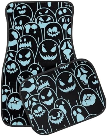 Aqua Black Ghost Print Funny Halloween Car Floor Mats 4 PCS, Cute Durable Interior Accessories for Car SUV, All Weather Floor Mats with Front Rear Trunk Liners Set for Party