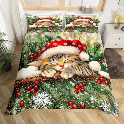 Manfei Xmas Cat Kids Duvet Cover Set King Size,Snowflake Holly Berries Winter Girls Boys Bedding Set,Merry Christmas Poinsettia Animal Room Decor,Green Yellow Quilt Cover,2 Pillowcases(No Comforter) - Image 4
