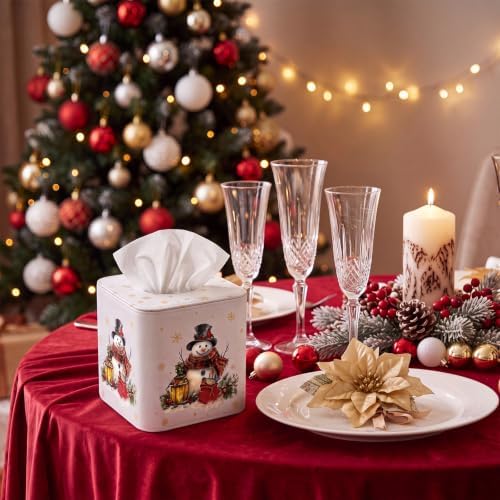Thyle 2 Pcs Christmas Square Tissue Box Cover PU Leather Reindeer Snowman Tissue Box Holder Closure Xmas Decorations Cube Napkin Holder for Kitchen Car Home Office Living Room Bedroom - Image 6
