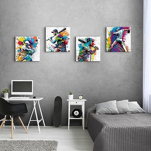 Sports Decor for Boys Room Watercolor Baseball Wall Art Pop Baseball Athletes Pictures Canvas Prints Modern Artwork Mens Bedroom Colorful Painting Office Study Living Room Home Decorations 20x20” 4Pcs - Image 6