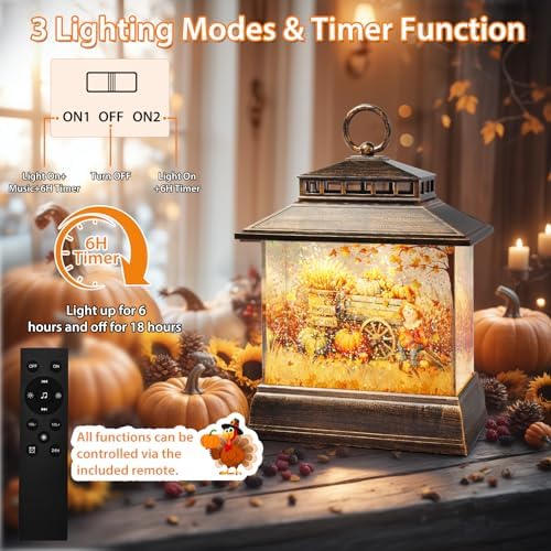 Fall Snow Globe Lantern Thanksgiving Pumpkins Spinning Water Lantern with Swirling Glitter 6H Timer Remote Control Fall Decorations for Home Thanksgiving Autumn Harvest (Pumpkin Wagon) - Image 2