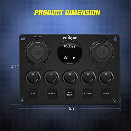 Nilight 5 Gang Multi-Function Rocker Switch Panel On Off Toggle Green