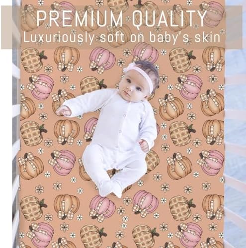 Boho Fall Pumpkin Bows Plaids Baby Crib Sheets for Boy Girl Autumn Pumpkins Floral Checks Soft Snug Fitted Crib Mattress Covers for 52''x28'' Standard Crib & Toddler Mattress Thanksgiving Baby Sheet - Image 2