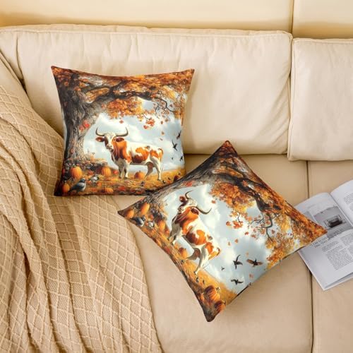 Fall Cattle Pillow Case Covers 2 Pack,Autumn Farmhouse Pumpkin Maple Leaves Tree Pillow Covers 24"x 24" Soft Square,Rustic Farm Animal Cabin Cow Decorative Throw Pillow Covers - Image 2
