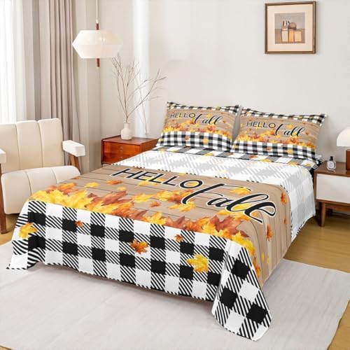 Fall Thanksgiving Fitted Sheet Full Autumn Harvest Seasonal Bed Sheets Gifts For Kids Teen Adults,Black White Buffalo Plaid Checkered Bedding Set Rustic Farmhouse Sheet Set Brown With 2 Pillow Cases by Erosebridal