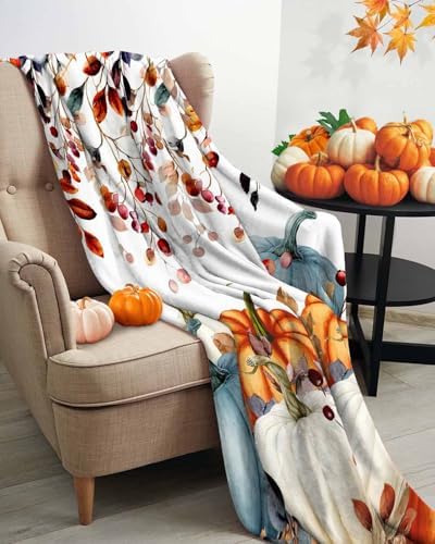DecorLovee Fall Orange Blue Pumpkins Blanket 50"x60", Reversible Thanksgiving Throw Blanket for Couch/Bed, Vintage Botanical Lightweight Soft Throw Blankets for Women, Warm Fuzzy Blankets for Winter - Image 3