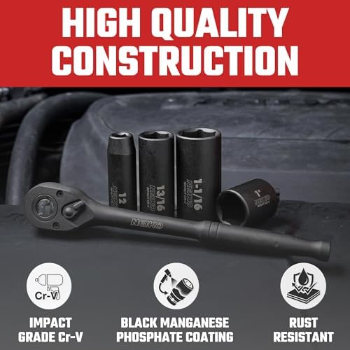 NEIKO 02448A 1/2" Drive Master Impact Socket Set, 65 Piece, Standard SAE (3/8"-1-1/4") & Metric (10-24 mm) Sizes, Deep & Shallow Kit, Includes Adapters & Ratchet Handle - Image 4
