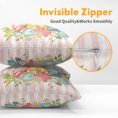 Easter Pillow Covers 22x22 Set of 2 Spring Throw Pillow Covers Rustic Bunny Ear Pink Pillowcase Linen Decoration Farmhouse Soft Decorative Eggs Stripe Cushion Case Couch for Indoor Outdoor Home Decor - Image 5