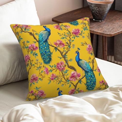KiuLoam Chinoiserie Peacock Pillow Covers 16x16 Inch Set of 2, Vintage Floral Bird Yellow Decorative Throw Pillows, Rustic Farmhouse Outdoor Square Cushion Cases for Sofa Couch Bed Home Decor - Image 6