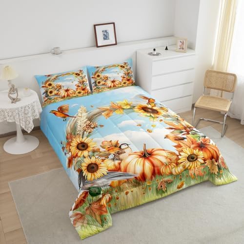 Queen Size Thanksgiving Comforter Set Sunflower Accessories Bedding, Kids Fall Decorations for Home Bedding Comforter Sets Autumn Decorations Fall Leaves Duvet Insert 3Pcs for Boys Girls Adults - Image 3