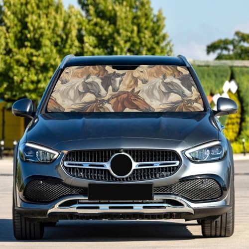 Windshield Sun Shade Horses Animals Car Sunshade for Auto Truck SUV, Sun Shield that Keeps Your Vehicle Cool, Foldable, Storage Bag 62 x 32 in