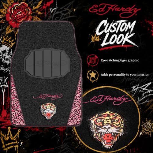 ED HARDY Tiger Print Car Floor Mats, Carpet Floor Mats with Pink Leoprad Design, Automotive Car Mats with Built-in Heel Pad & Anti-Slip Backing, Fits Most Cars, SUVs & Trucks, Durable & Odorless