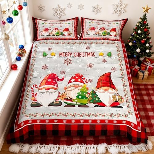 Merry Christmas Kids Duvet Cover Set King Size,Cute Gnomes Snowflake Romantic Bedding Set,Girls Boys Adults Room/Cabin Decor,Geometric Grids Retro Comforter Cover,Rustic Quilt Cover,2 Pillowcases - Image 3