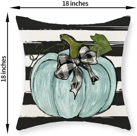 Fall Pillow Covers 18x18 Inch Pack of 2 Teal Blue Pumpkin Leaf Stripes Fall Decor Pillowcase Autumn Thanksgiving Decorative Outdoor Throw Pillow Covers Linen Farmhouse Cushion Case for Sofa Home - Image 6